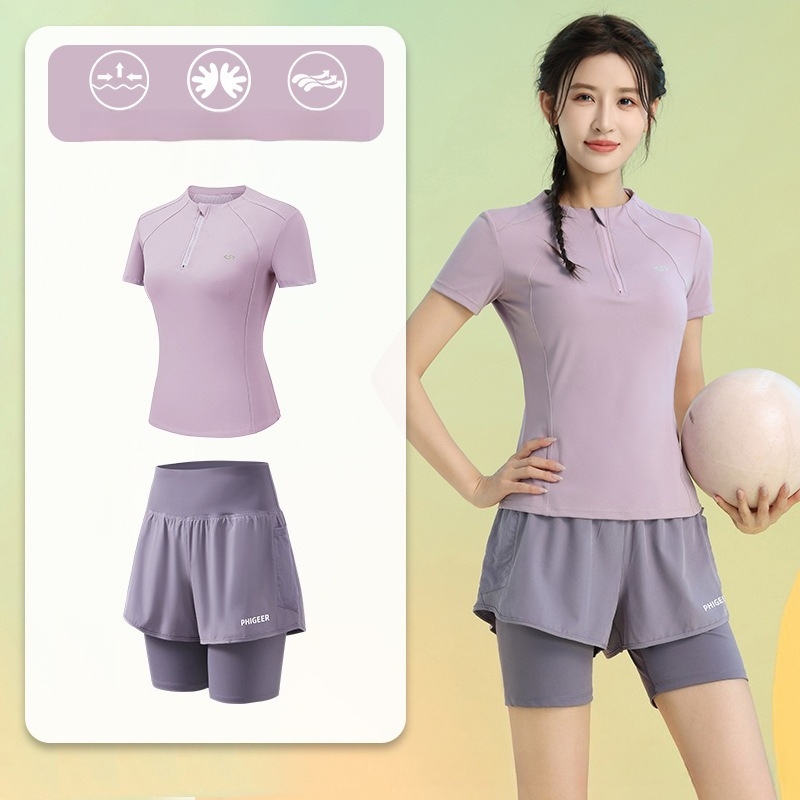 Running Gear Quick Dry - 夏の女性用2ピースランニングスーツ、半袖ハーフジップトップ、プリーツスコート、速乾性ワークアウトジムフィットネススポーツトレーニングギア