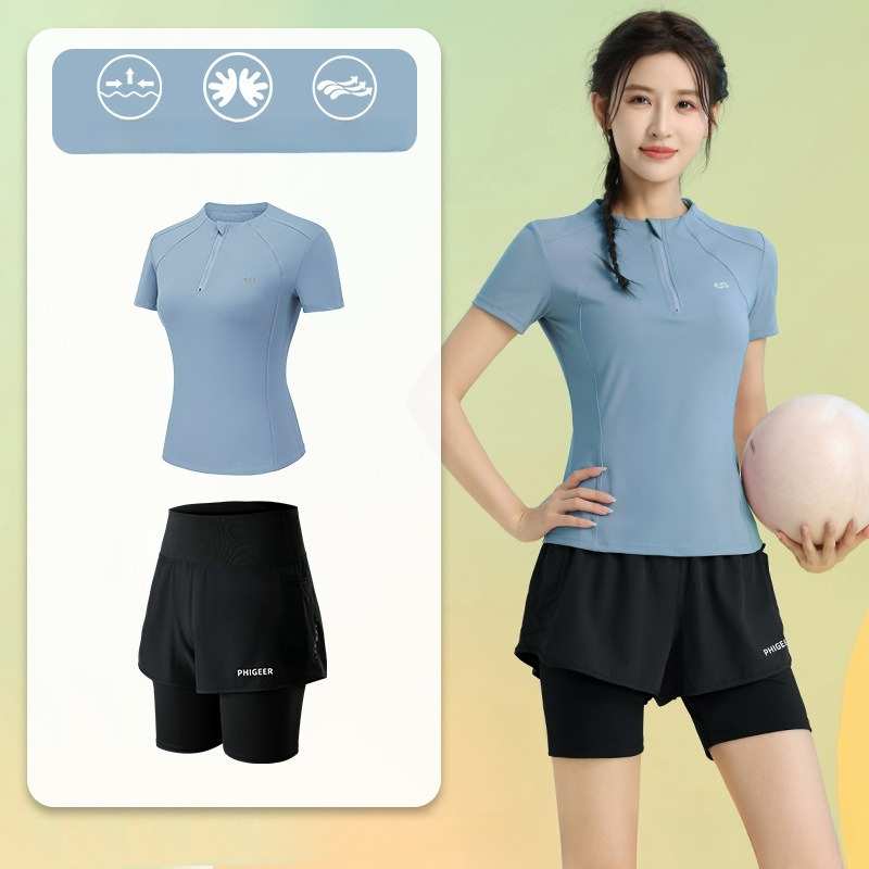 夏の女性用2ピースランニングスーツ、半袖ハーフジップトップ、 - Running Gear Quick Dry のレビューと価格