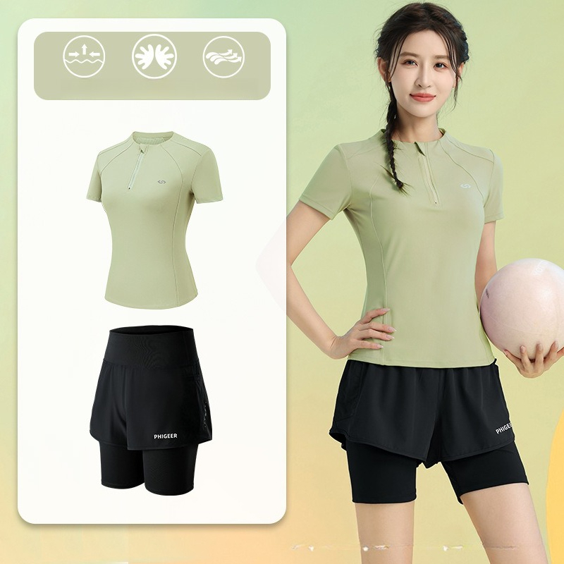 夏の女性用2ピースランニングスーツ、半袖ハーフジップトップ、 - Running Gear Quick Dry のレビューと価格