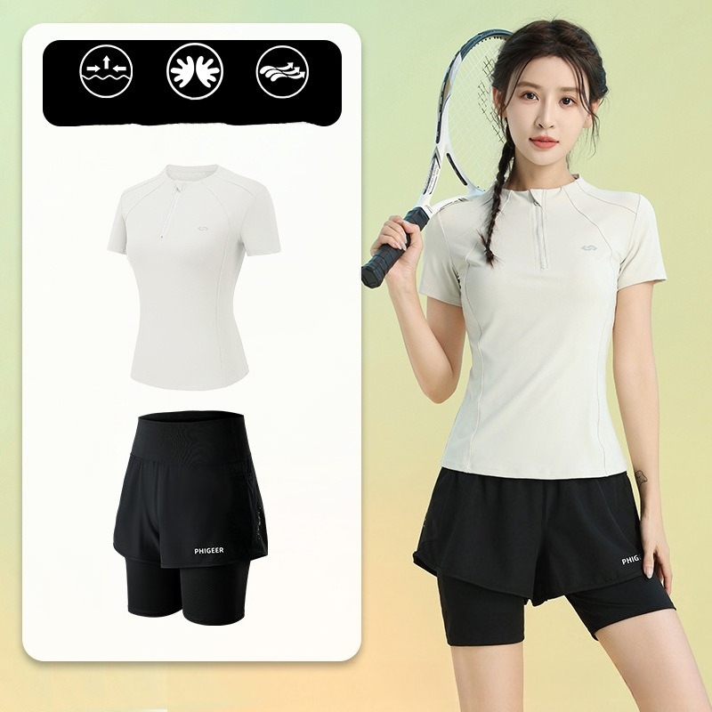 夏の女性用2ピースランニングスーツ、半袖ハーフジップトップ、 - Running Gear Quick Dry のレビューと価格